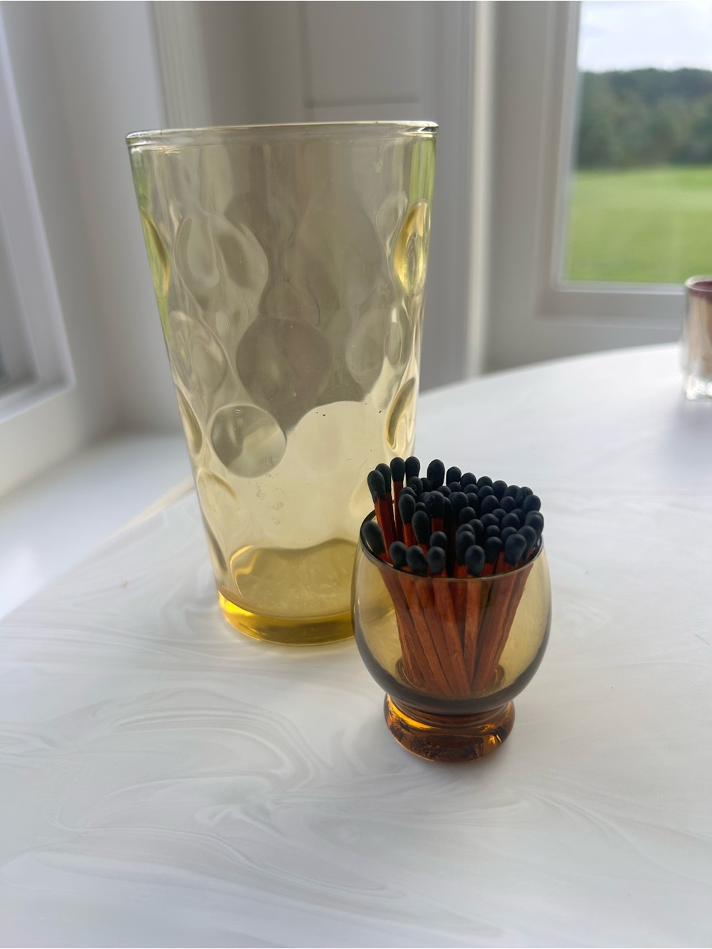 VTG Hazel Atlas AmberYellow Optic Dot Glass Tumbler w Amber mini matches holder